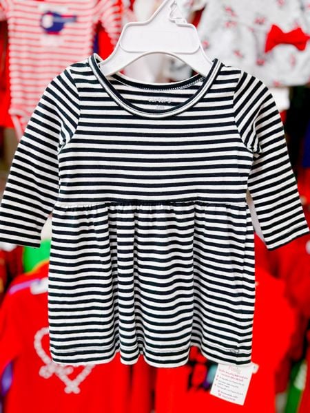  [4-5kg ; 11-12kg ; 15-21kg ; 28-30kg] Đầm Cotton Tay Dài Bé Gái Cter - Trắng Sọc Đen 
