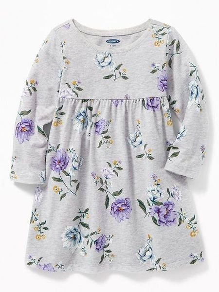  6-7kg [3m-12m] Đầm Thun Cotton Tay Dài Bé Gái ON - Xám Hoa 