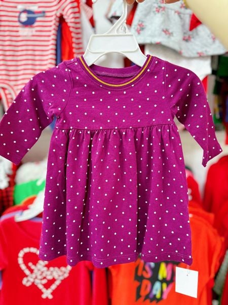  [0-3m] Đầm cotton Tay Dài Bé Gái ON - Tím Chấm Bi 