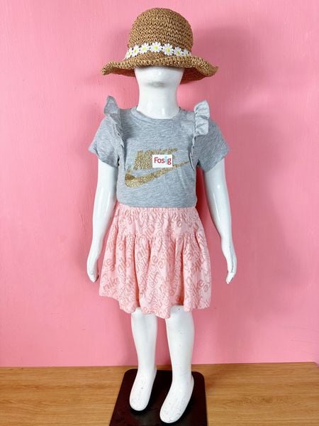  [10-26kg] Set Đồ Bộ Ngắn Bé Gái NK210 - Xám NK 