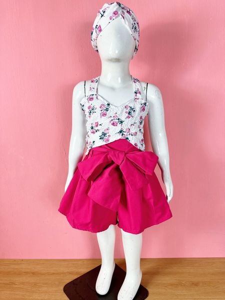  [20-40kg] Set Bộ Ngắn Kèm Băng Đô Bé Gái - Trắng Hoa Tím N 