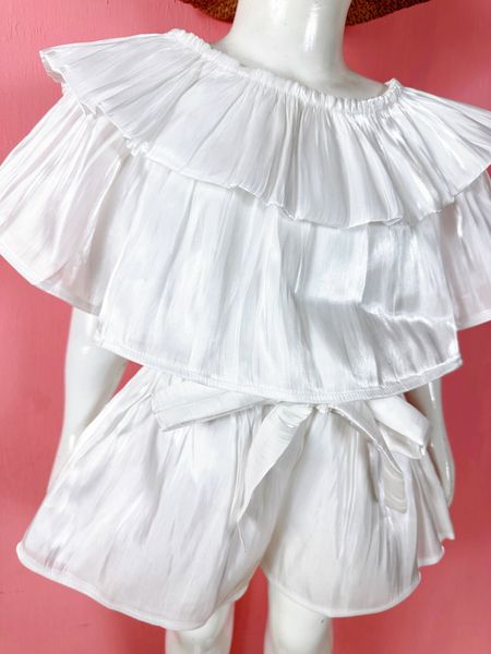  [9-21kg] Set Bộ Áo Nhúng Trễ Vai organza Và Chân Váy Bé Gái - Trắng 