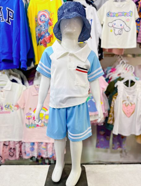  11-16kg  Set Đồ Bộ Ngắn Polo Bé Trai - Xanh Trời Trắng 