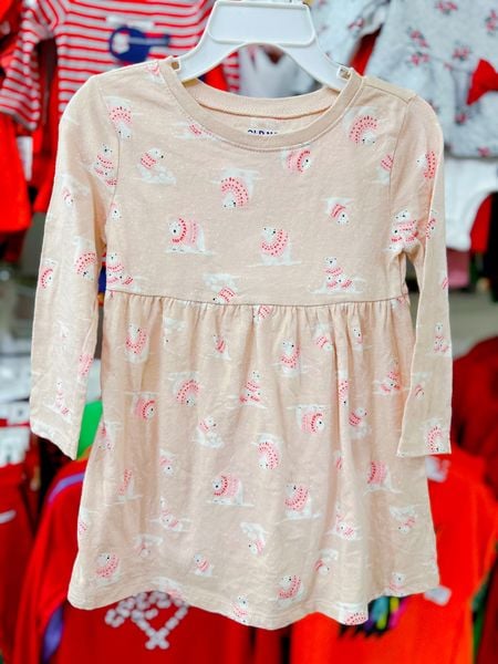  12-18m] Đầm Thun Cotton Tay Dài Bé Gái ON - Hồng Gấu Trắng 