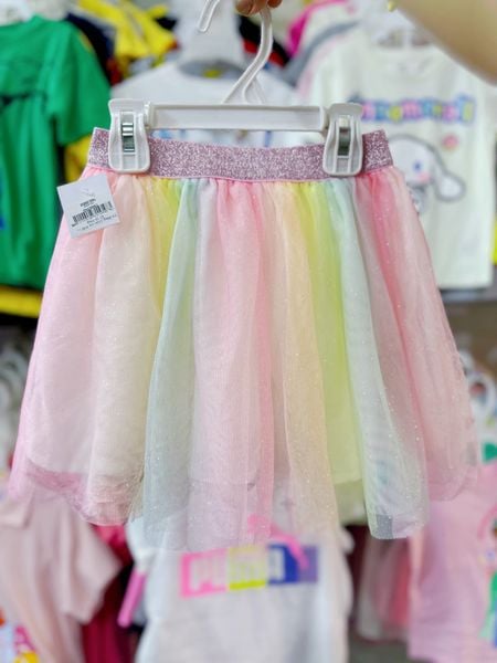  [18-35kg] Chân váy H.M voan lưng thun co giãn, có lót thun cho bé gái- Cầu vồng kim tuyến (lưng thun hồng) CV09 