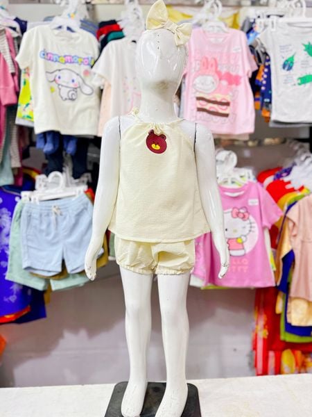  [9-15kg] Set Đồ Bộ Đũi Ngắn Băng Đô Bé Gái - Kem Gấu Đỏ 