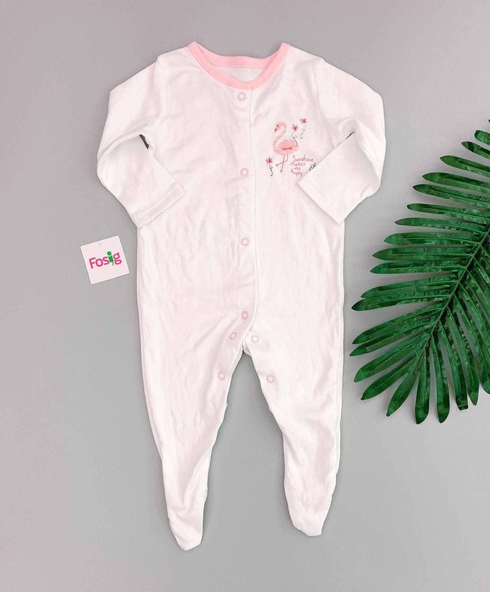  [nb-3m] Sleepsuit Có Vớ Cúc Bấm Bé Gái - Trắng Hạc Hồng 