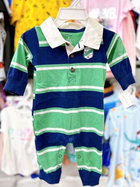  [0-3m ; 12-13kg] Romper Dài Bé Trai Cter - Xanh Lá Sọc Xanh Navy 