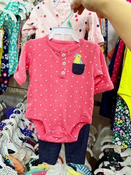  [0-6m] Set Bodysuit Và Quần Bé Gái Cter - Hồng Chấm Bi Chim 