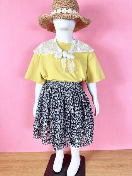  [18-23kg] Set Bộ Áo Và Chân Váy Bé Gái - Vàng Đen Hoa 