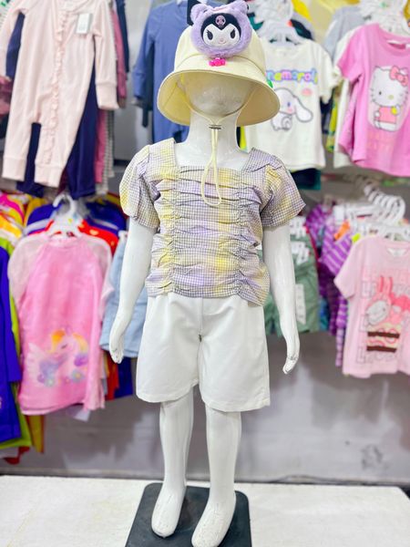  [19-28kg] Set Bộ Ngắn Bé Gái - Caro Tím Vàng 