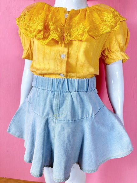  [13-19kg] Set Bộ Ngắn Chân Váy Bé Gái - Vàng Ren 