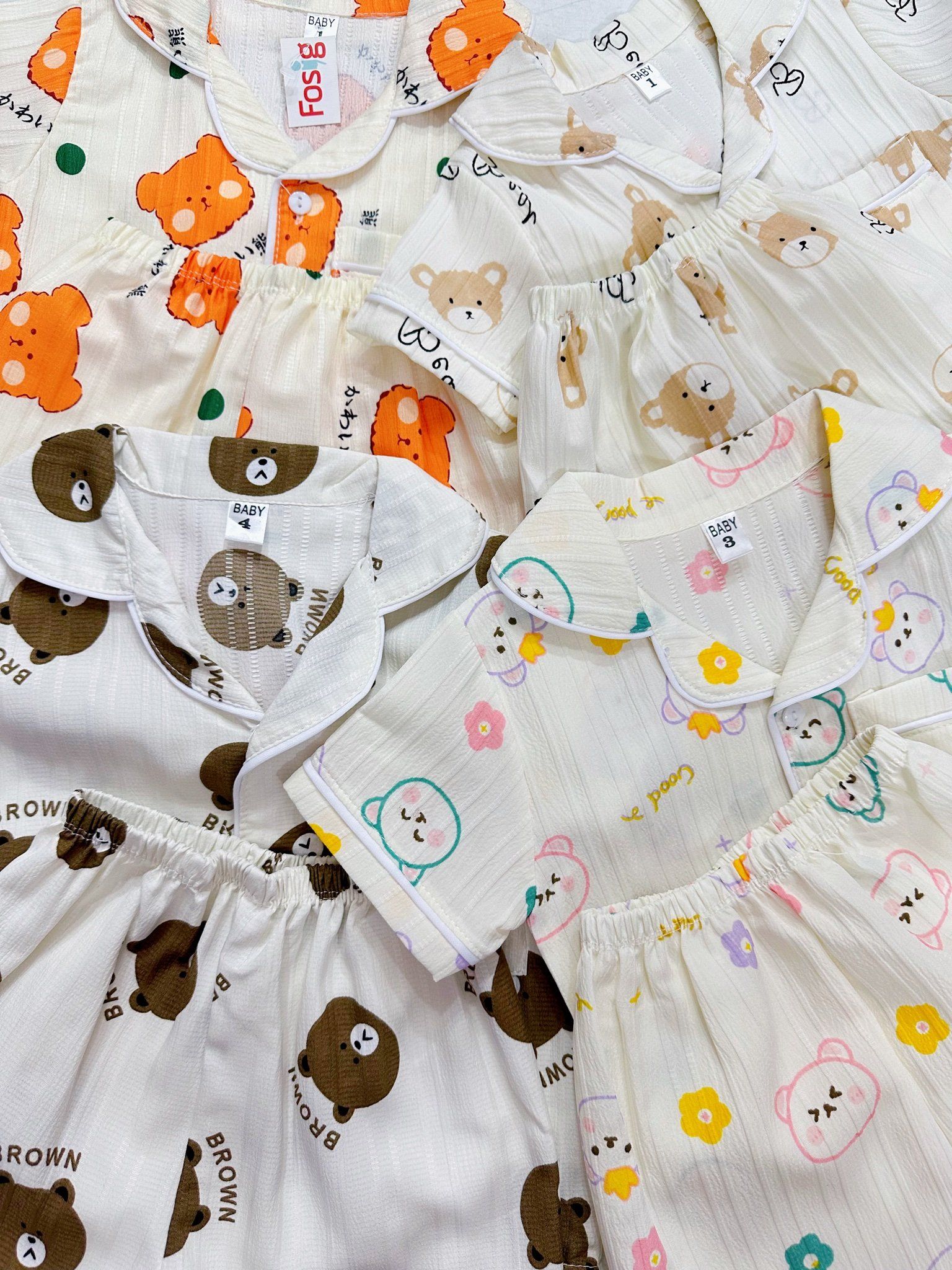  [6-13kg] Set Đồ Bộ Ngủ Ngắn Pijama Vải Xô Cho Bé - Trắng Gấu Nâu 