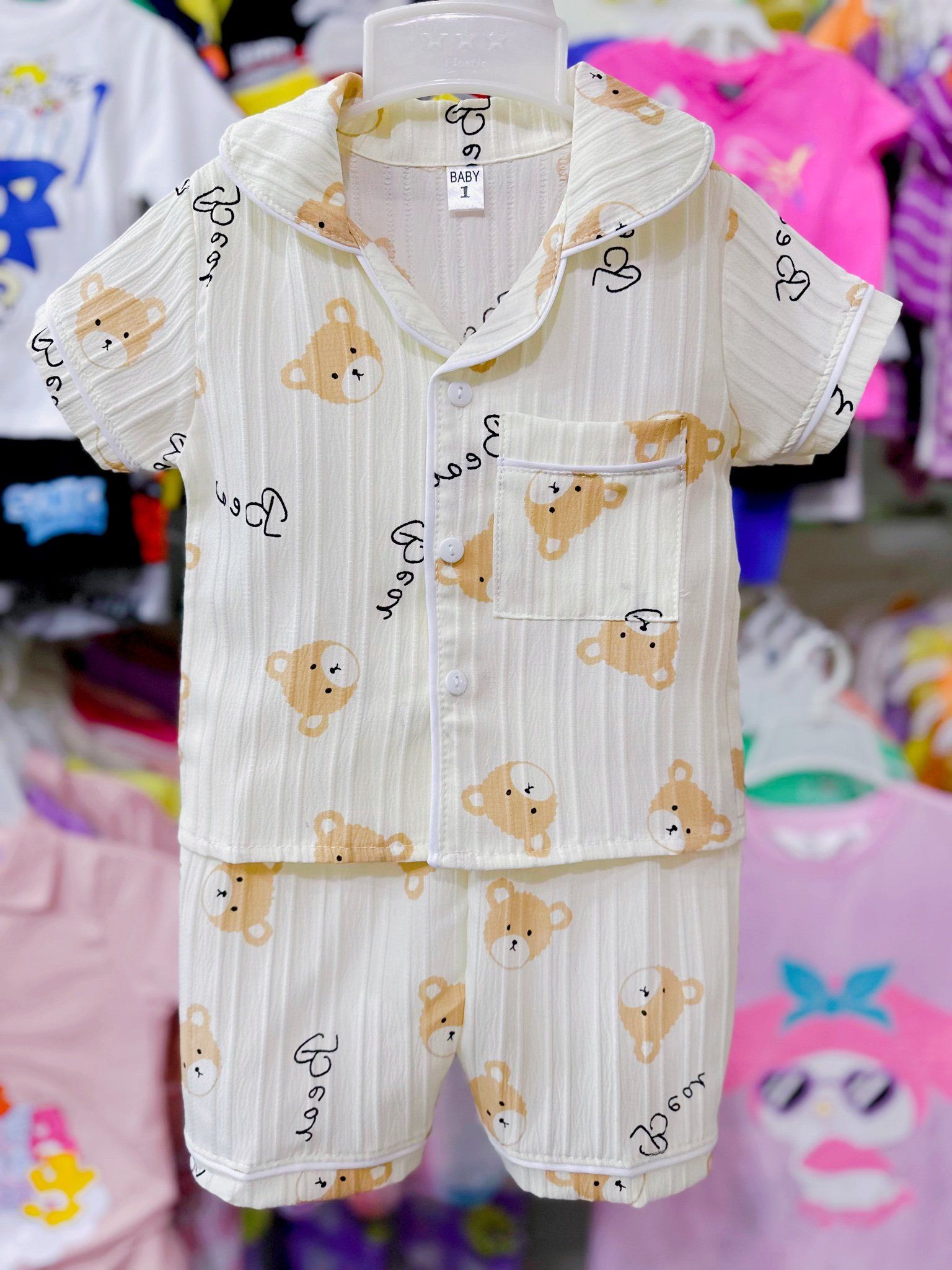  [6-10] Set Đồ Bộ Ngủ Ngắn Pijama Vải Xô Cho Bé - Kem Gấu Nâu 