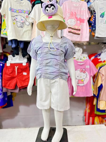 [21-28kg] Set Bộ Ngắn Bé Gái - Caro Xanh Tím 
