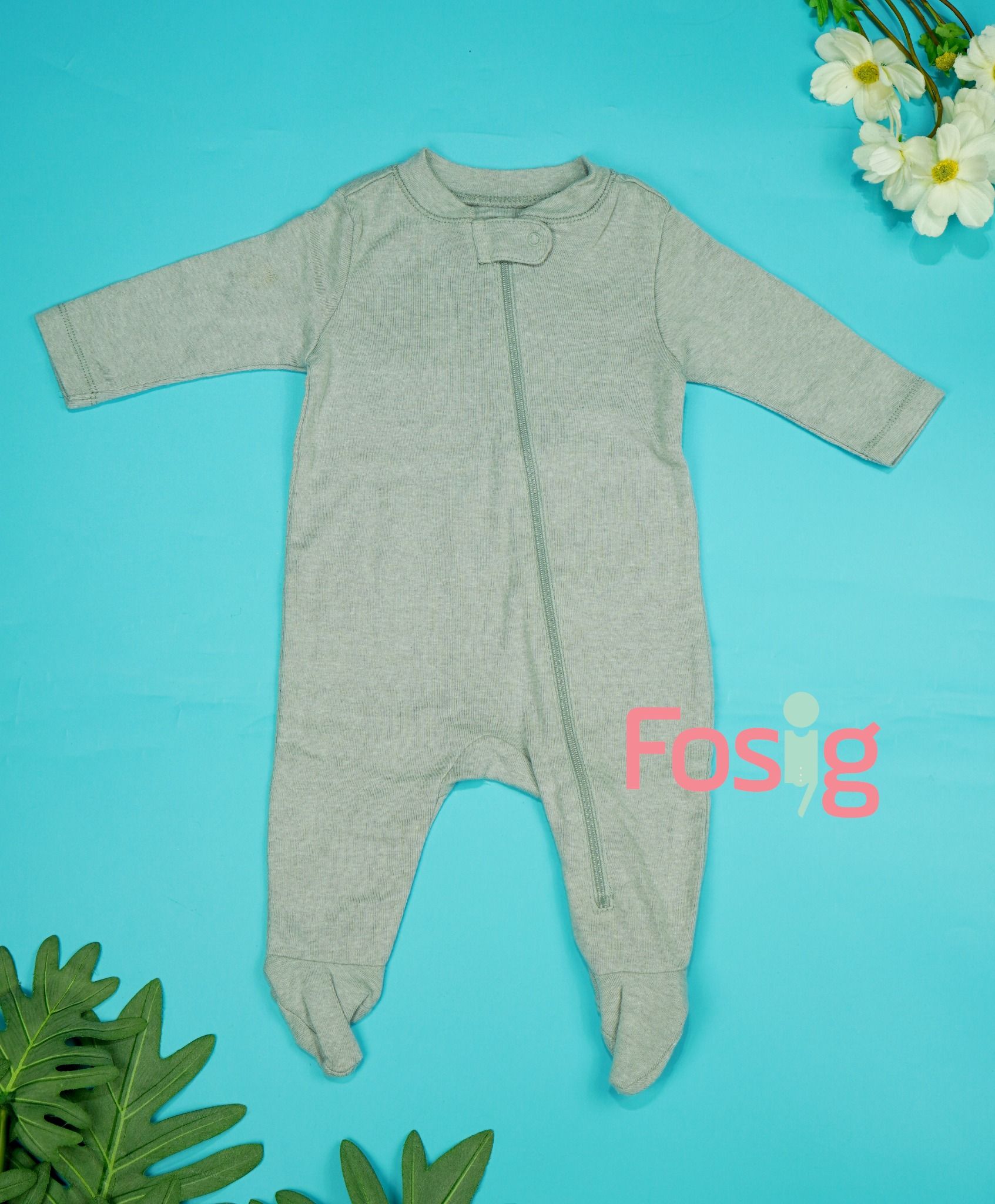  [0-6M] Sleepsuit Có Vớ Khóa Kéo Bé Trai ON - Xám Nhạt Trơn 