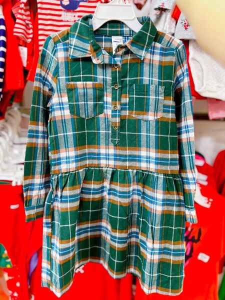  [17-18kg; 25-27kg] Đầm Cotton Tay Dài Bé Gái Cter - Caro Xanh Rêu 