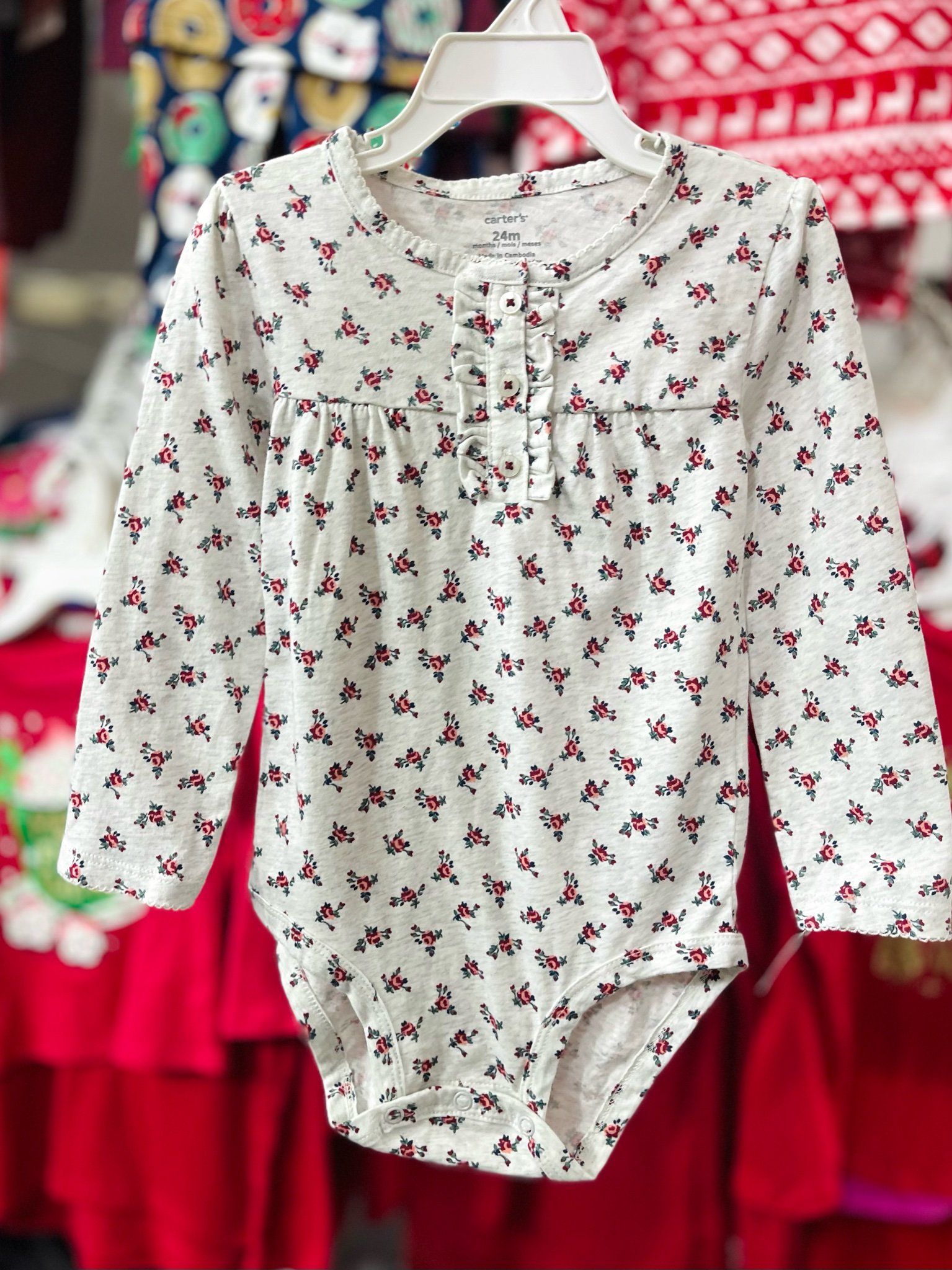  [0-3m] Bodysuit Tay Dài Bé Gái Cter - Xám Hoa Đỏ 