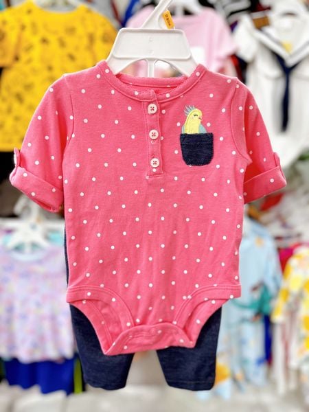  [0-6m] Set Bodysuit Và Quần Bé Gái Cter - Hồng Chấm Bi Chim 
