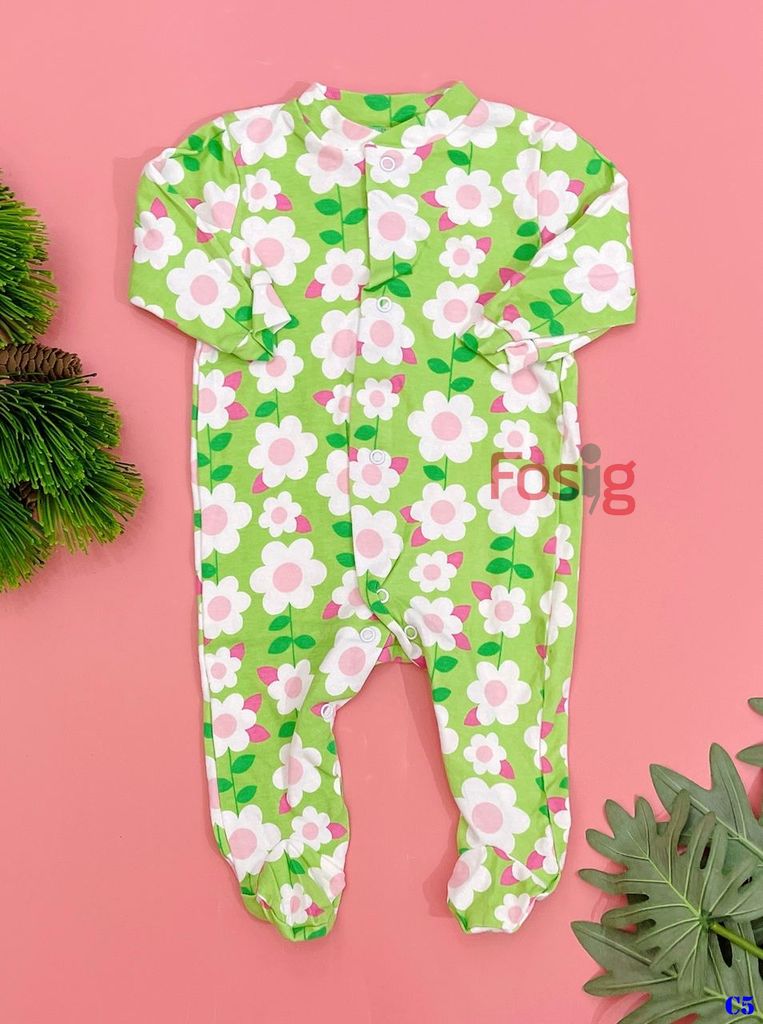  [0-3m] Sleepsuit For Baby Bé Gái  - Xanh Lá Hoa Trắng 