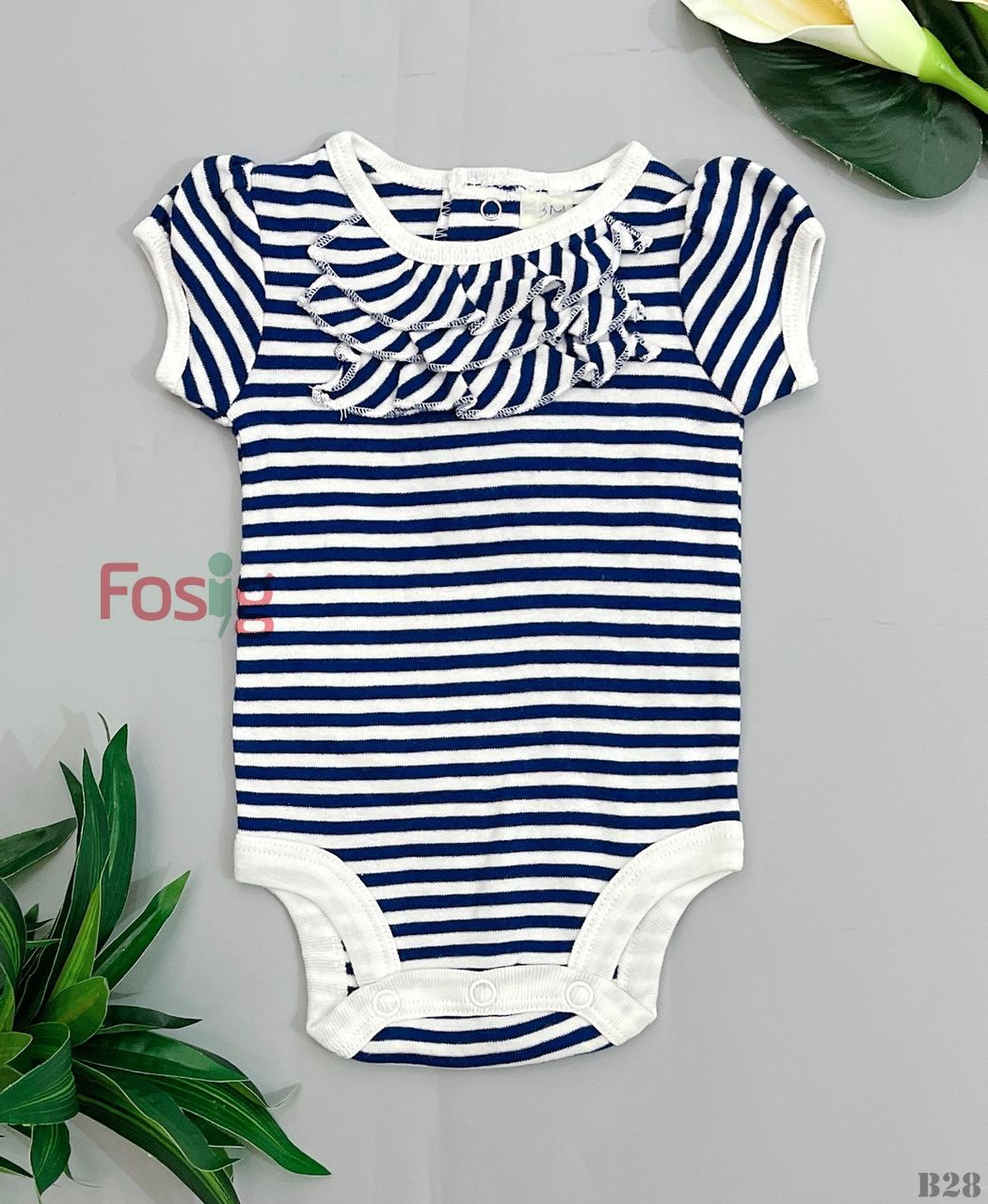  [0-3m, 12m-24m] Bodysuit Tay Ngắn Bé Gái Oskos - Sọc Navy Cổ Bèo 