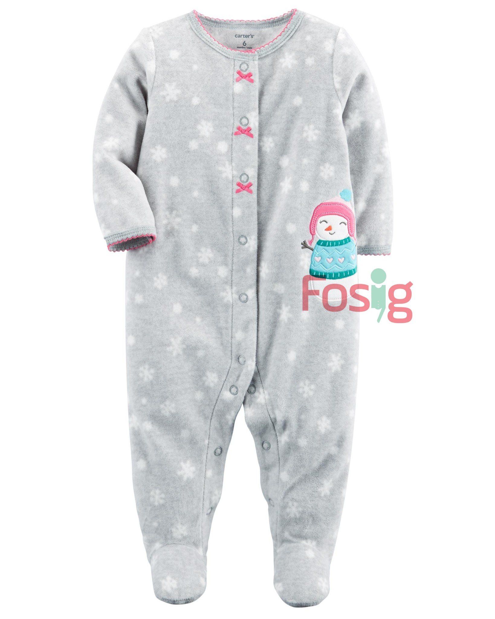  [6m] Sleepsuit Nỉ Cúc Bấm Có Vớ Bé Gái - Xám Người Tuyết Hồng 