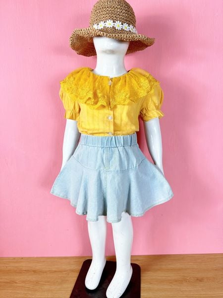  [13-19kg] Set Bộ Ngắn Chân Váy Bé Gái - Vàng Ren 