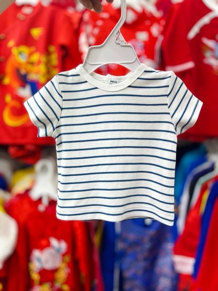  [0-9m] Áo Thun Tay Ngắn Bé Trai - Trắng Sọc Xanh 