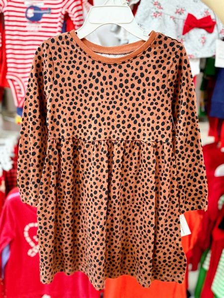  [14-15kg] Đầm Thun Cotton Tay Dài Bé Gái ON - Nâu Chấm Đen 
