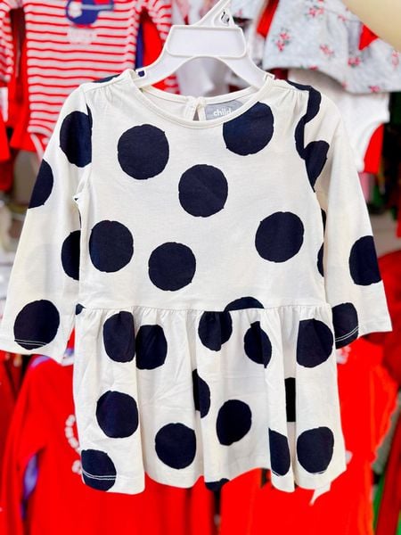  9-17kg; 12m-4T Đầm Thun Cotton Tay Dài Bé Gái Cter - Trắng Chấm Đen 