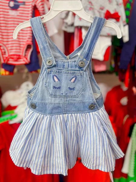  9m, 4t Yếm Đầm Bé Gái Oskos - Xanh Ngựa Sọc 