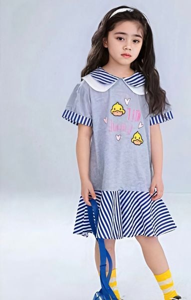  [16-30kg] Đầm Tay Ngắn Bé Gái - Xám Cổ Sọc G85 
