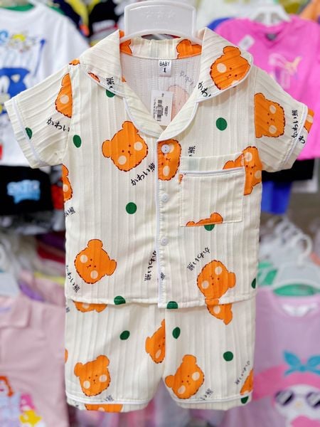  [6-13kg] Set Đồ Bộ Ngủ Ngắn Pijama Vải Xô Cho Bé - Kem Gấu Cam 