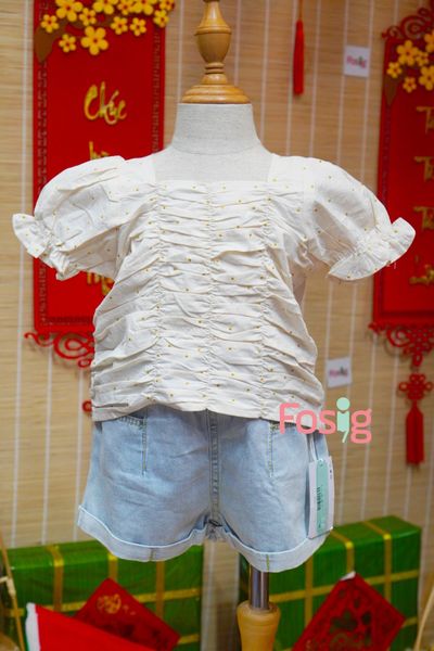  [17-18kg] Set Đồ Bộ Ngắn Bé Gái - Kem Chấm Vàng 