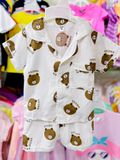  [6-13kg] Set Đồ Bộ Ngủ Ngắn Pijama Vải Xô Cho Bé - Trắng Gấu Nâu 