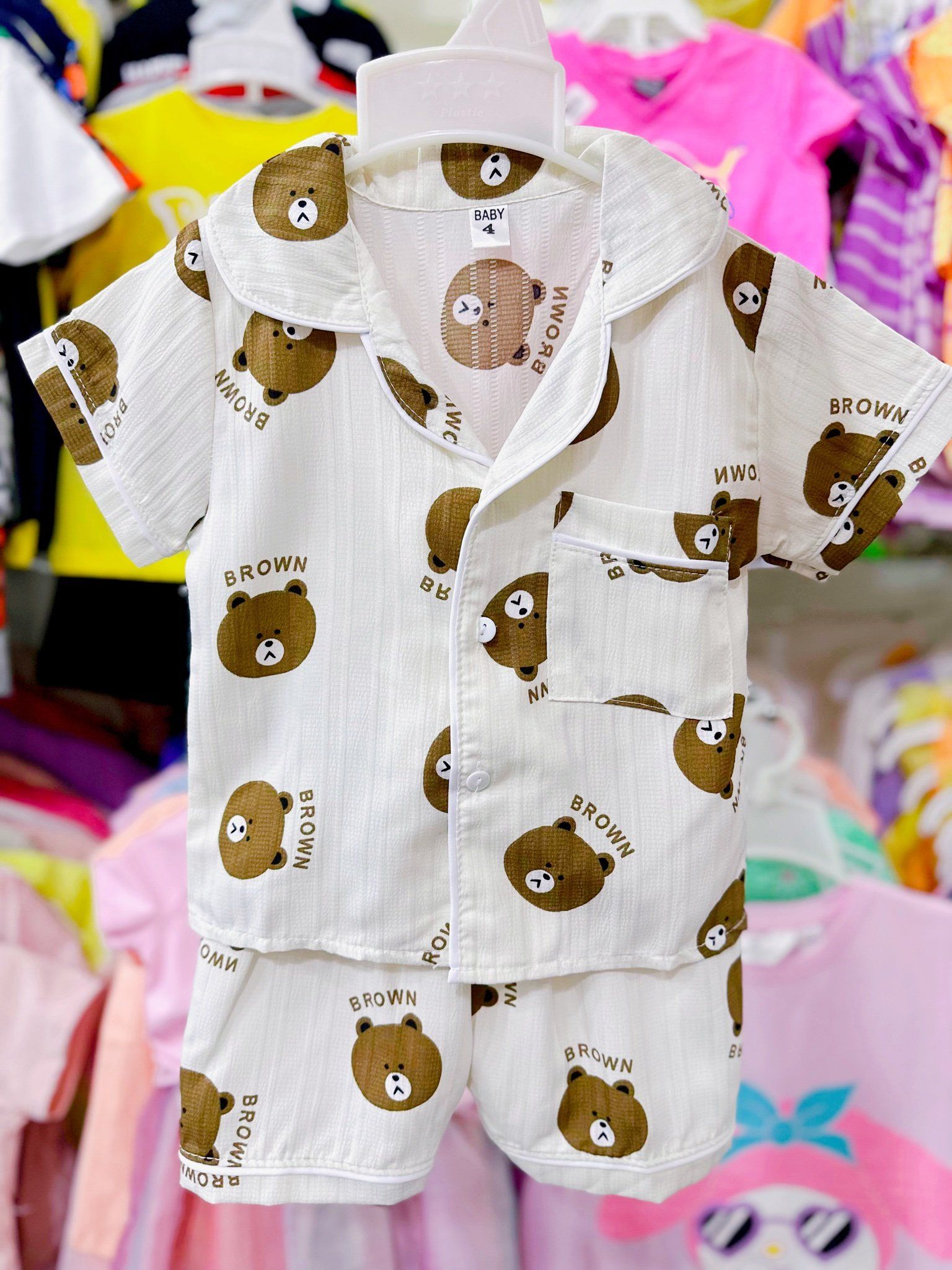  [6-13kg] Set Đồ Bộ Ngủ Ngắn Pijama Vải Xô Cho Bé - Trắng Gấu Nâu 