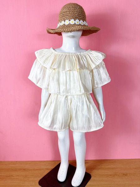  [9-21kg] Set Bộ Áo Nhúng Trễ Vai organza Và Chân Váy Bé Gái - Kem 