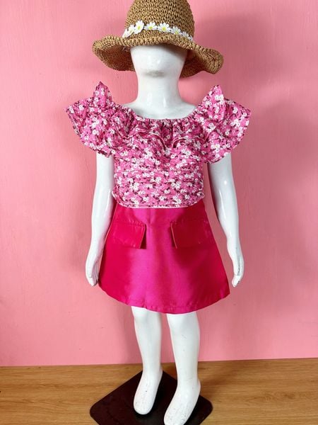  [10-15kg; 20-40kg] Set Áo Kèm Chân Váy Bé Gái - Hồng Hoa Trắng 