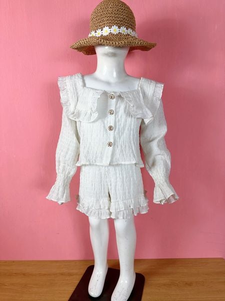  [16-34kg] Set Bộ Ngắn Vải Nhúng Bé Gái - Trắng Cúc Vàng 