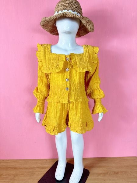  [16-34kg] Set Bộ Ngắn Vải Nhúng Bé Gái - Vàng 