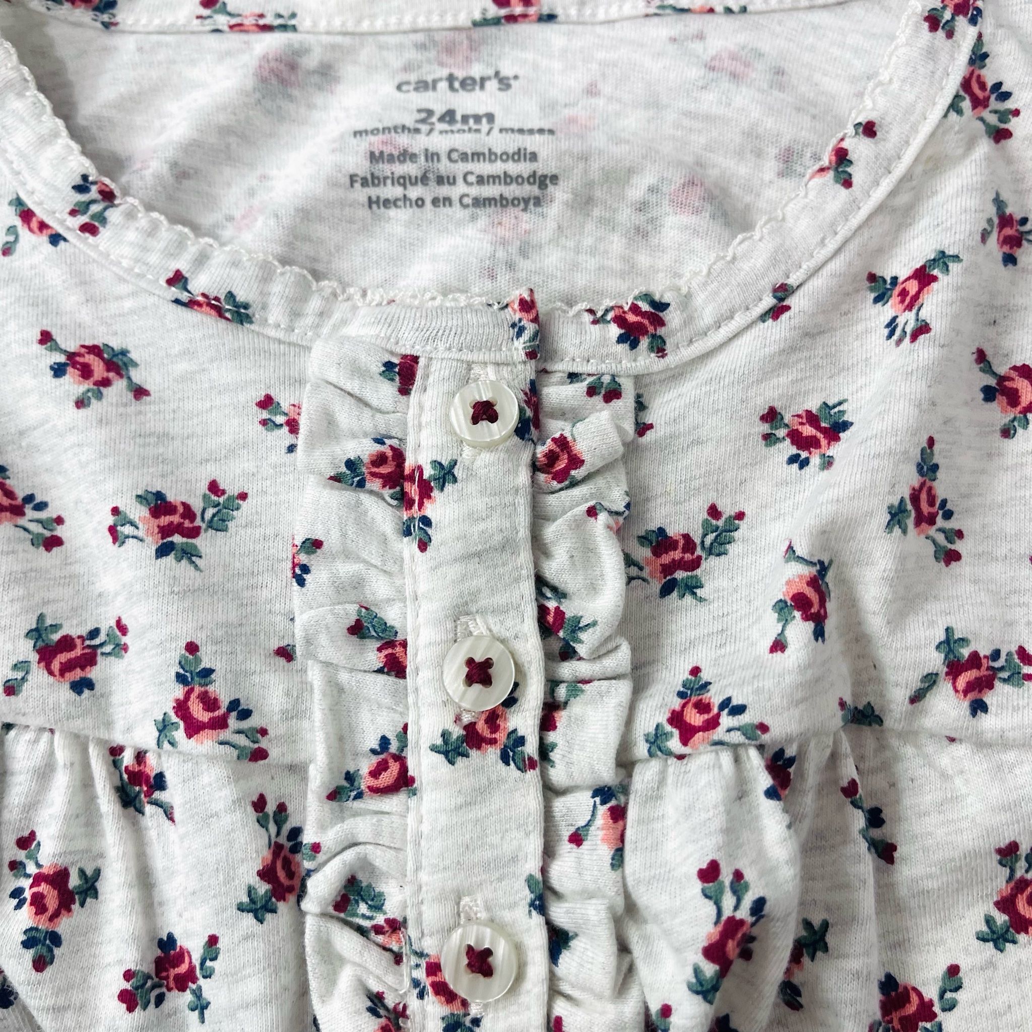  [0-3m] Bodysuit Tay Dài Bé Gái Cter - Xám Hoa Đỏ 