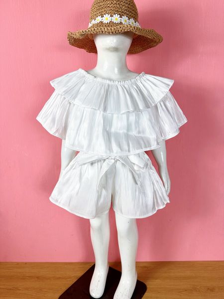  [9-21kg] Set Bộ Áo Nhúng Trễ Vai organza Và Chân Váy Bé Gái - Trắng 