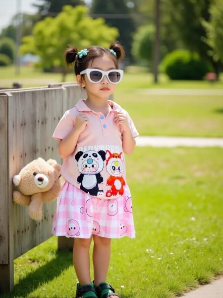  40-48kg  XS-XL Đồ bộ tay ngắn bé gái kèm chân váy - Hồng Baby three DB91 
