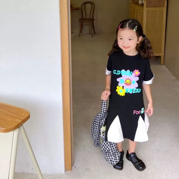 [16-23kg] Đầm Tay Ngắn Bé Gái - Đen Hoa G.duck G58 
