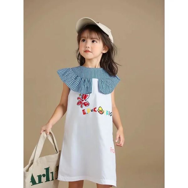  [16-26kg] Đầm Tay Ngắn Bé Gái - Trắng Sọc Đen G162 