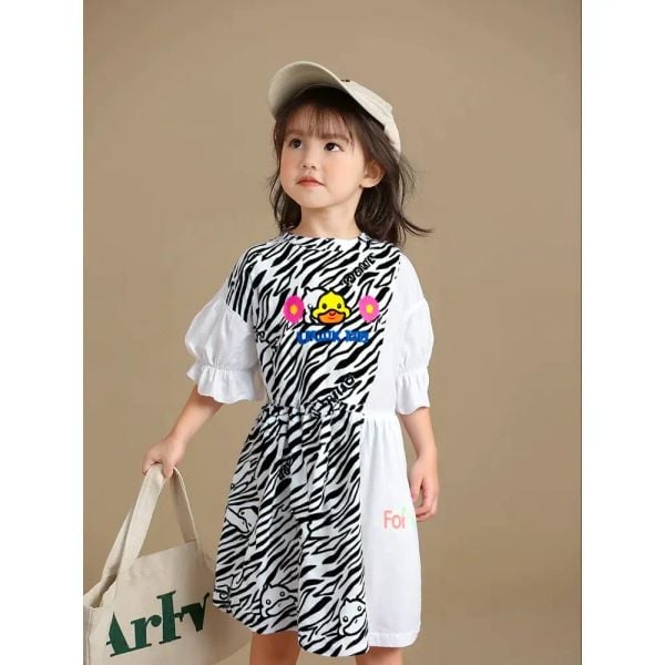  [18-23kg ; 27-30kg] Đầm Tay Ngắn Bé Gái - Trắng Vằn Đen G60 