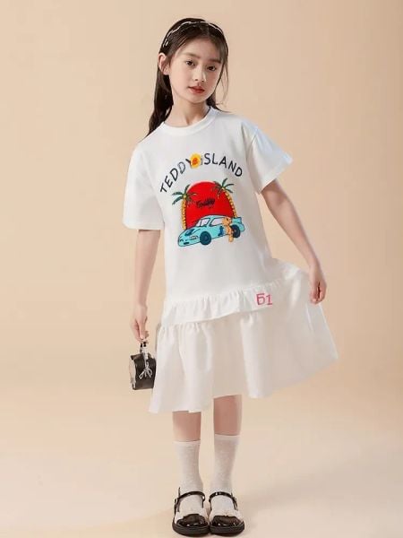  [16-30kg] Đầm Tay Ngắn Bé Gái - Trắng Xe Xanh T1110 