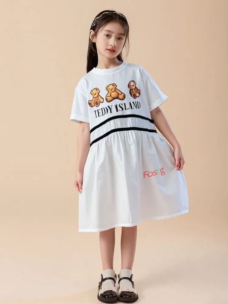  [16-30kg] Đầm Tay Ngắn Bé Gái - Trắng Gấu T85 