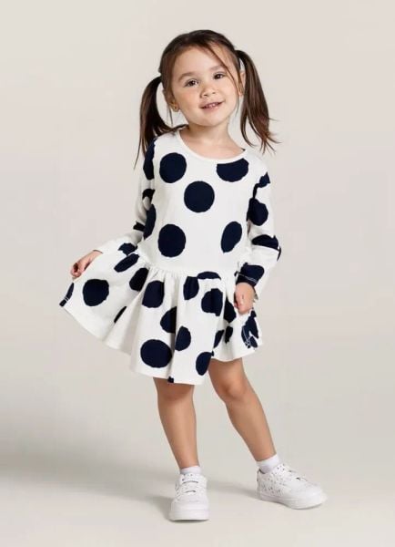  9-17kg; 12m-4T Đầm Thun Cotton Tay Dài Bé Gái Cter - Trắng Chấm Đen 