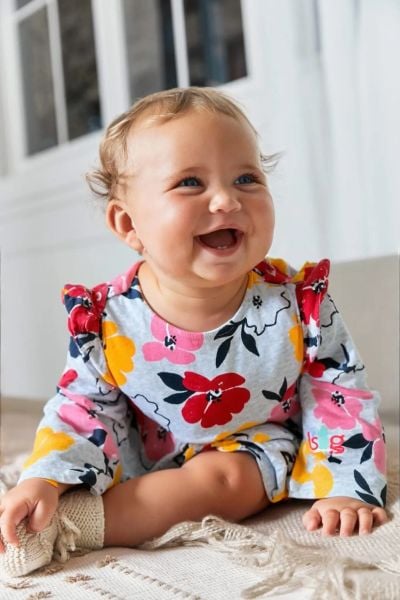  [15-20kg]  4T-5T Đầm Thun Cotton Tay Dài Bé Gái Cter - Xám Hoa Hồng Vàng 